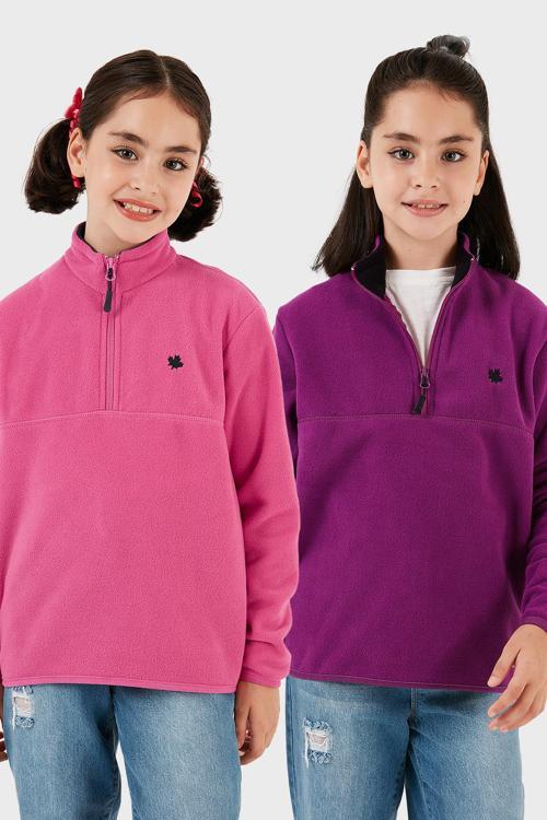 Yumuşak Dokulu Fermuarlı Dik Yaka Şardonlu 2'li Paket Çocuk Polar 5905002S2 FUŞYA-MOR