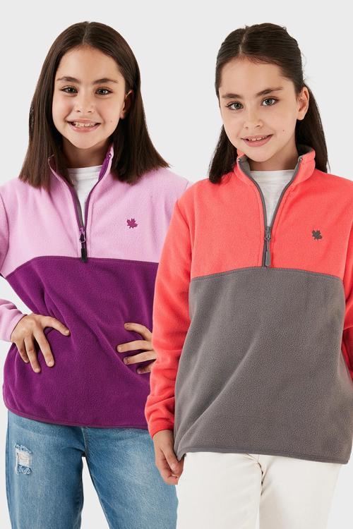 Yumuşak Dokulu Yarım Fermuarlı Renk Bloklu Dik Yaka 2'li Paket Çocuk Polar 5905004S2 Somon Gri-Şeker Pembe Mor