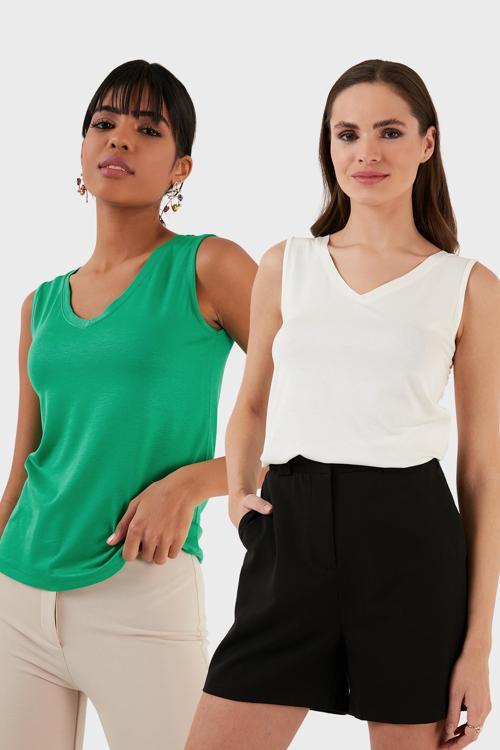 Slim Fit V Yaka Kalın Askılı 2' li Paket Bayan Bluz 5864384S2 EKRU-BENETTON