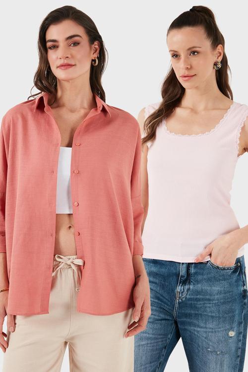 Streç Pamuklu Oversize Fit 2' li Paket Bayan Gömlek-Atlet Set 67810014979S2 Tarçın-Toz Pembe