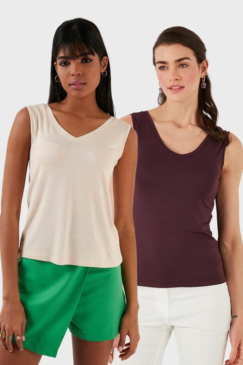 Slim Fit V Yaka Kalın Askılı 2' li Paket Bayan Bluz 5864384S2 TAŞ-VİŞNE