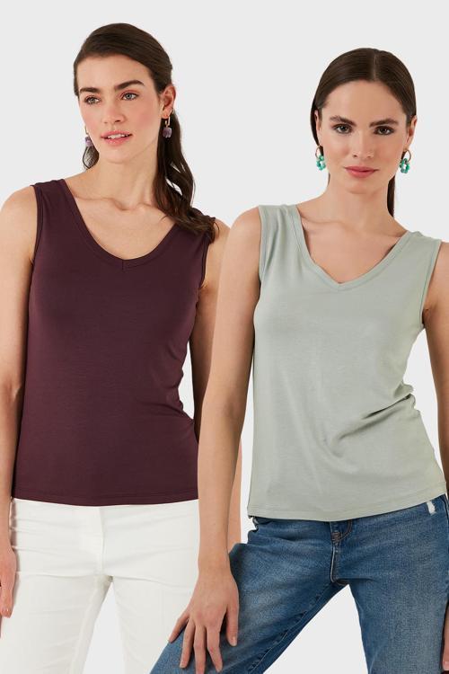 Slim Fit V Yaka Kalın Askılı 2' li Paket Bayan Bluz 5864384S2 ÇAĞLA-VİŞNE