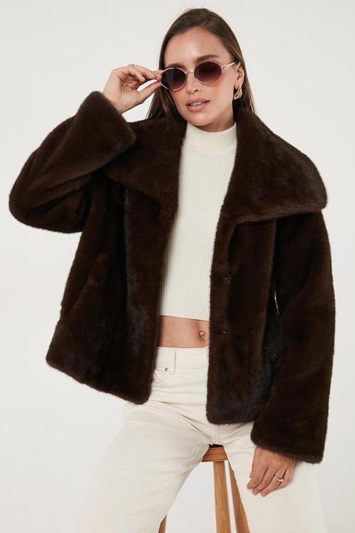 Oversize Fit Geniş Yaka Astarlı Bayan Kürk 497AFRA KAHVE