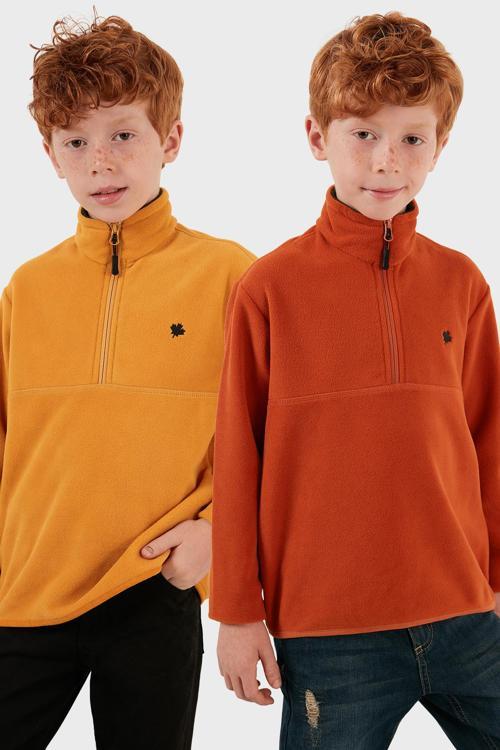 Yumuşak Dokulu Fermuarlı Dik Yaka Şardonlu 2'li Paket Çocuk Polar 5905002S2 Hardal-Orange