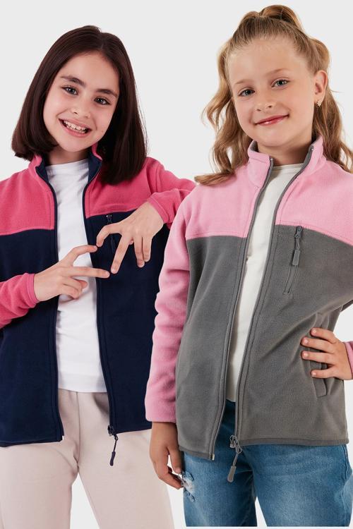 Yumuşak Dokulu Fermuarlı Renk Bloklu Dik Yaka Cepli 2'li Paket Çocuk Polar 5905001S2 Fuşya Lacivert-Şeker Pembe Gri