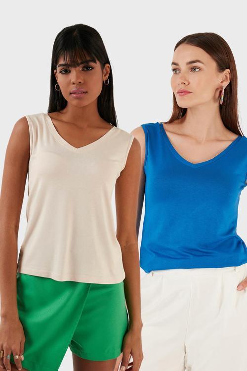 Slim Fit V Yaka Kalın Askılı 2' li Paket Bayan Bluz 5864384S2 TAŞ-SAKS