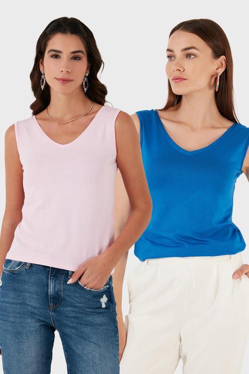 Slim Fit V Yaka Kalın Askılı 2' li Paket Bayan Bluz 5864384S2 TOZ PEMBE-SAKS