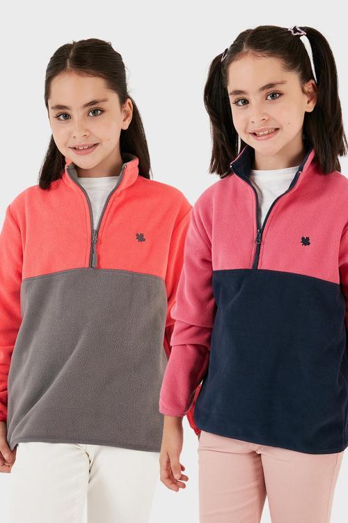 Yumuşak Dokulu Yarım Fermuarlı Renk Bloklu Dik Yaka 2'li Paket Çocuk Polar 5905004S2 Fuşya Lacivert-Somon Gri