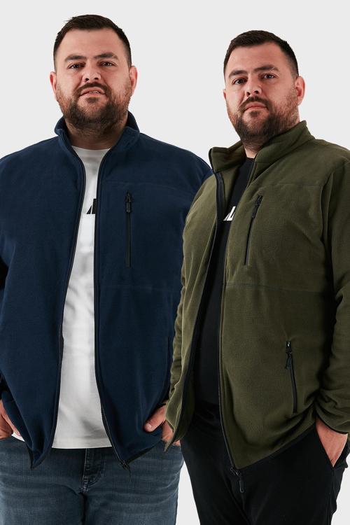 Regular Fit Dik Yaka Fermuarlı Büyük Beden 2'li Paket Polar Erkek Hırka 5906028BS2 HAKİ-LACİVERT