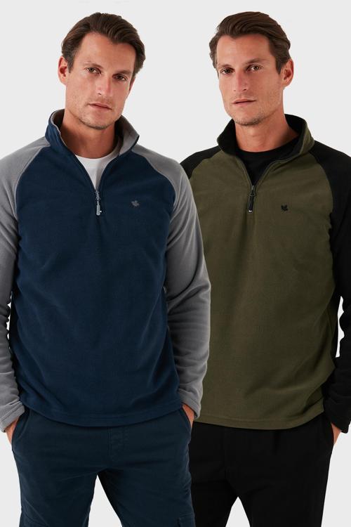 Slim Fit Yarım Fermuarlı Kışlık Şardonlu 2'li Paket Erkek Polar 5906055S2 HAKİ-LACİVERT