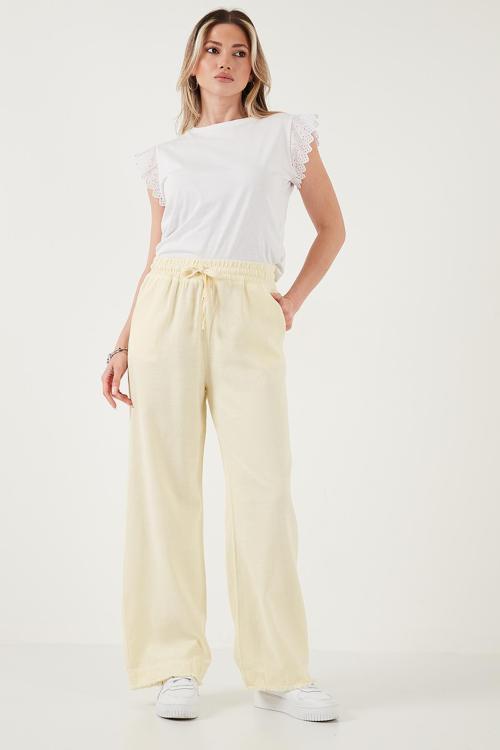 Pamuklu Relaxed Fit Yüksek Bel Geniş Paça Bayan Pantolon 668YP5275 SARI