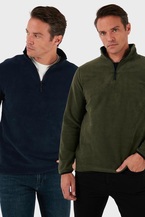 Slim Fit Yarım Fermuarlı Dik Yaka 2'li Paket Erkek Polar 5906003S2 HAKİ-LACİVERT