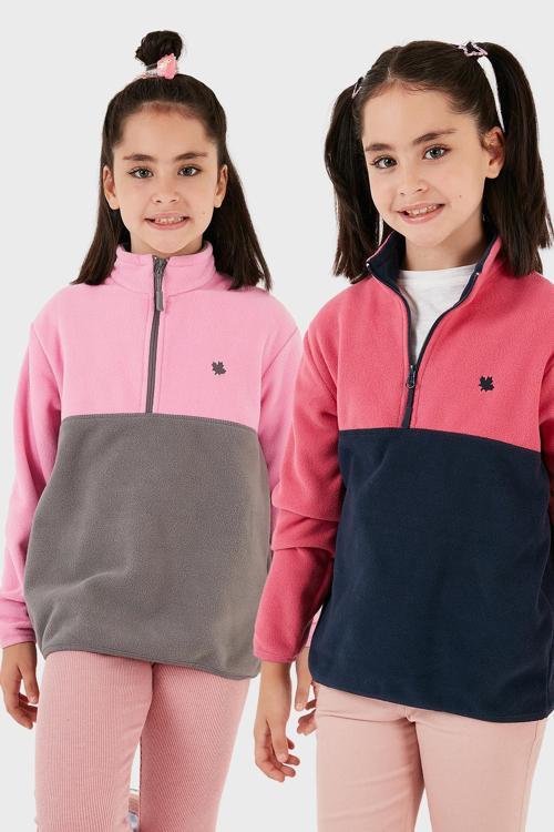 Yumuşak Dokulu Yarım Fermuarlı Renk Bloklu Dik Yaka 2'li Paket Çocuk Polar 5905004S2 Fuşya Lacivert-Şeker Pembe Gri