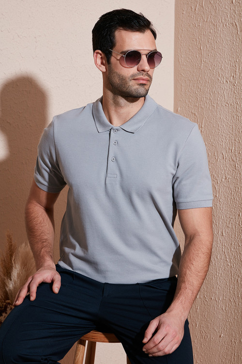 Pamuklu Regular Fit Düğmeli Erkek Polo Yaka T Shirt 5902127 Kül