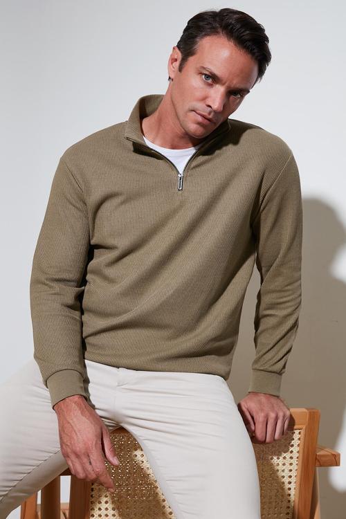 Pamuklu Regular Fit Yarım Fermuarlı Dik Yaka Erkek Sweat 5905716 KOYU VİZON