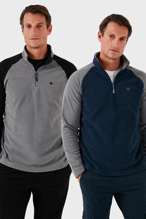 Slim Fit Yarım Fermuarlı Kışlık Şardonlu 2'li Paket Erkek Polar 5906055S2 GRİ-LACİVERT