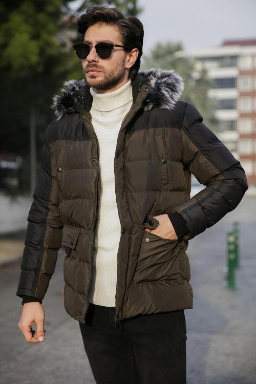 Slim Fit Çıkarılabilir Suni Tüylü Kapüşonlu Şişme Erkek Mont 5760076 HAKİ-SİYAH