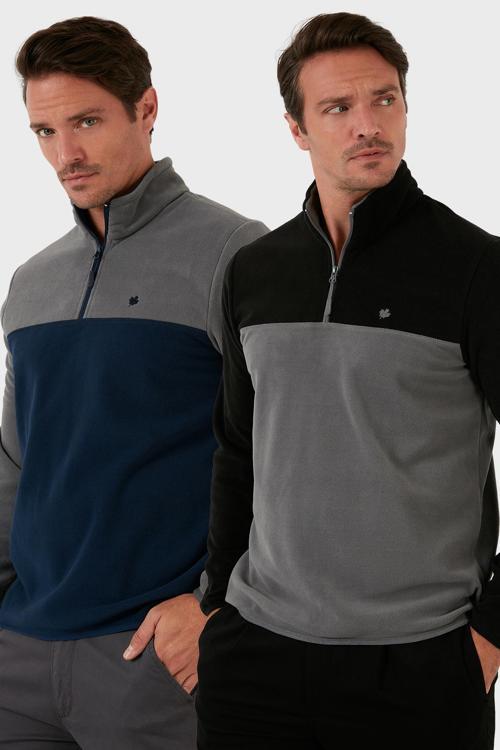 Regular Fit Anti-Pilling Tüylenme Yapmayan Dik Yaka Şardonlu 2'li Paket Erkek Polar 5906016S2 GRİ-SİYAH