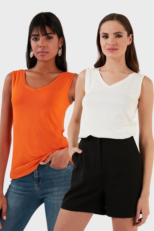 Slim Fit V Yaka Kalın Askılı 2' li Paket Bayan Bluz 5864384S2 Ekru-Oranj