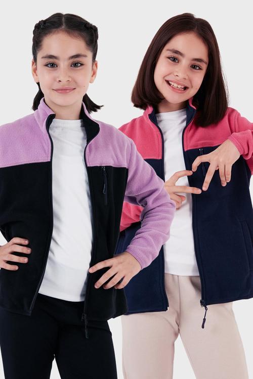 Yumuşak Dokulu Fermuarlı Renk Bloklu Dik Yaka Cepli 2'li Paket Çocuk Polar 5905001S2 Fuşya Lacivert-Lila Siyah