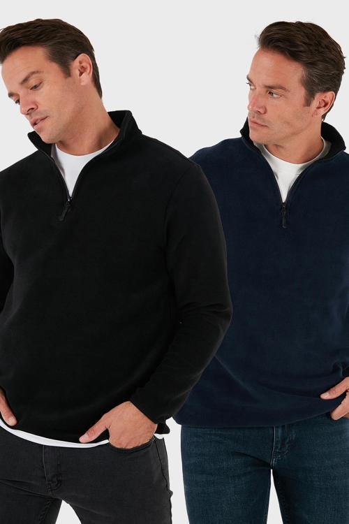Slim Fit Yarım Fermuarlı Dik Yaka 2'li Paket Erkek Polar 5906003S2 LACİVERT-SİYAH