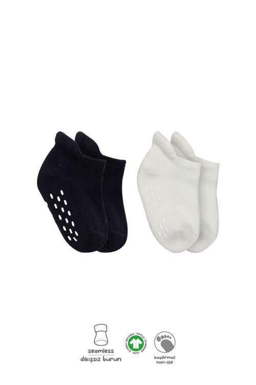 Bistyle 2'Li Altı Havlu Sneakers Kaymaz Çorap 20501 Siyah Ekru