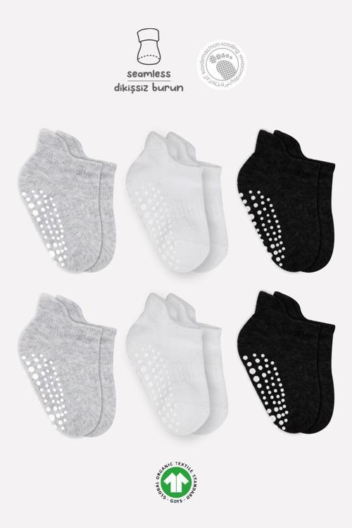 Bistyle 6'Lı Sneakers Kaymaz Penye Çorap BS20102 Gri Beyaz Siyah