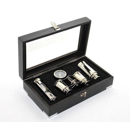 Ahşap Kutulu Pirinç Dürbün Pusula Ve Kum Saati Seti 