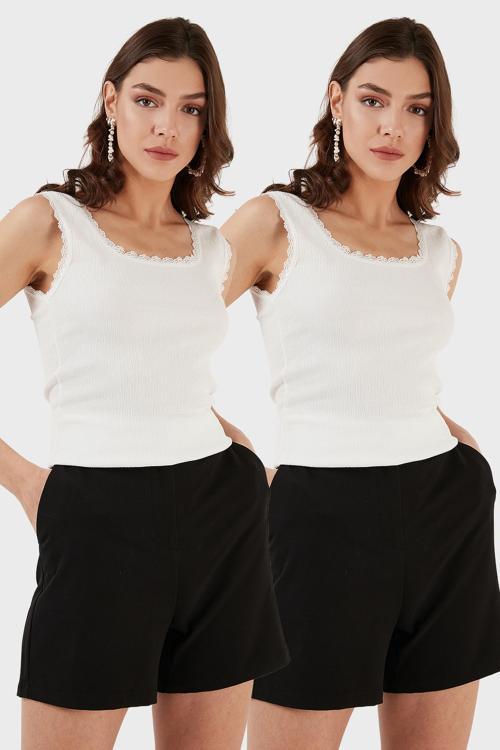 Slim Fit Kalın Dantelli Kare Yaka Bürümcük 2'li Paket Bayan Atlet 5864979S2 EKRU-EKRU