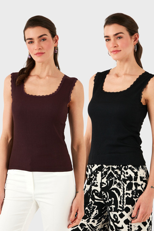 Slim Fit Kalın Dantelli Kare Yaka Bürümcük 2'li Paket Bayan Atlet 5864979S2 SİYAH-VİŞNE