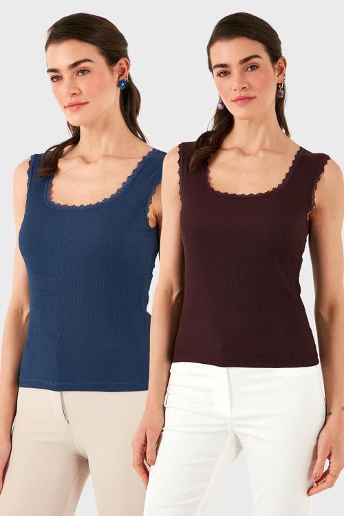Slim Fit Kalın Dantelli Kare Yaka Bürümcük 2'li Paket Bayan Atlet 5864979S2 İNDİGO-VİŞNE