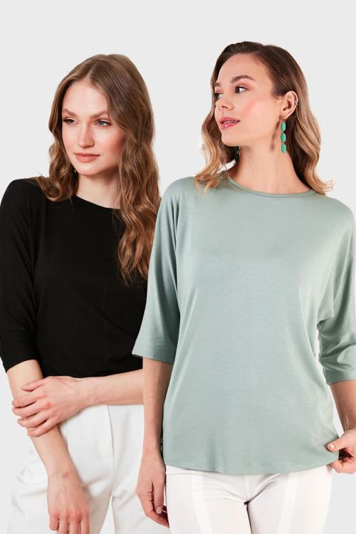 Standart Fit Bisiklet Yaka Truvakar Kol 2'li Paket Bayan Bluz 5861416YS2 SİYAH-ÇAĞLA