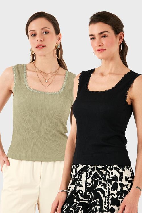Slim Fit Kalın Dantelli Kare Yaka Bürümcük 2'li Paket Bayan Atlet 5864979S2 SİYAH-Olive