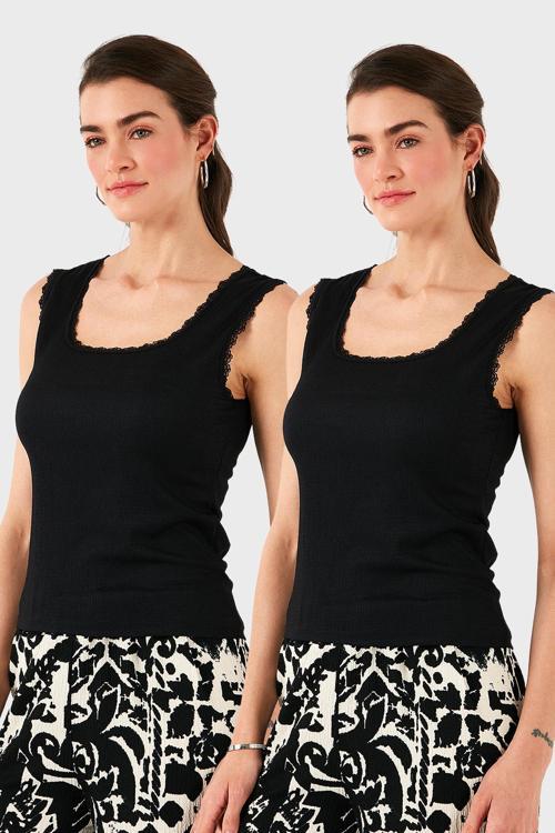 Slim Fit Kalın Dantelli Kare Yaka Bürümcük 2'li Paket Bayan Atlet 5864979S2 SİYAH-SİYAH