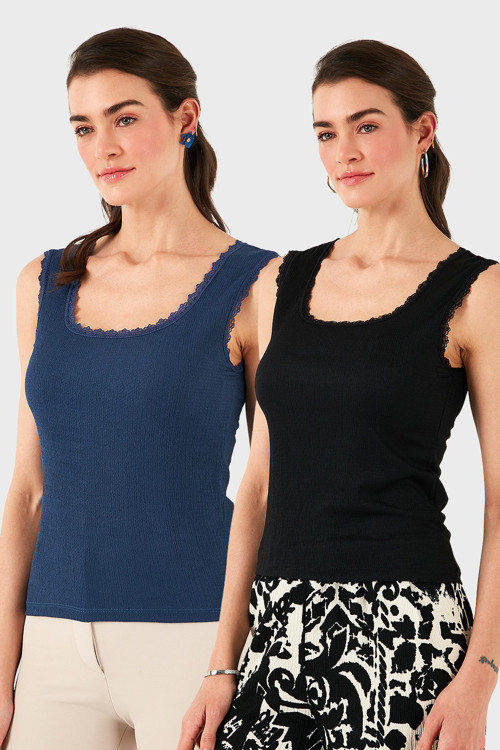 Slim Fit Kalın Dantelli Kare Yaka Bürümcük 2'li Paket Bayan Atlet 5864979S2 SİYAH-İNDİGO