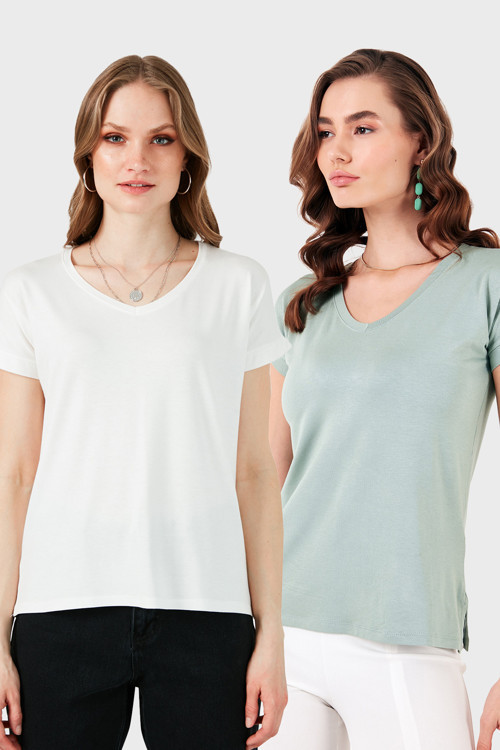 V Yaka Relaxed Fit Yırtmaç Detaylı 2'li Paket Bayan Bluz 5862000S2 EKRU-ÇAĞLA