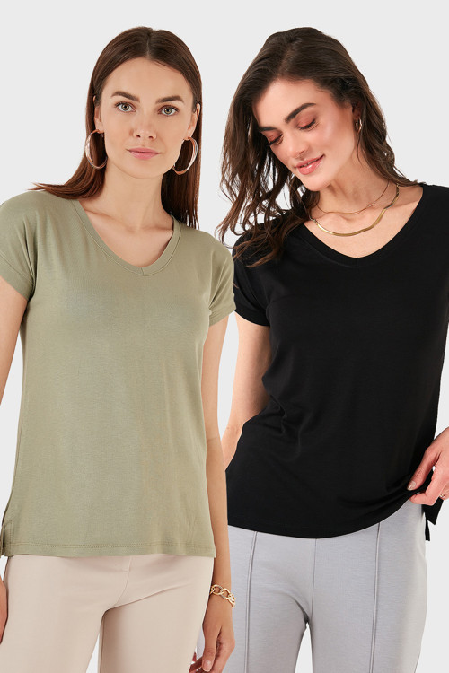V Yaka Relaxed Fit Yırtmaç Detaylı 2'li Paket Bayan Bluz 5862000S2 SİYAH-Olive