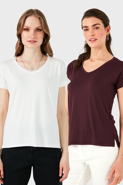 V Yaka Relaxed Fit Yırtmaç Detaylı 2'li Paket Bayan Bluz 5862000S2 EKRU-VİŞNE
