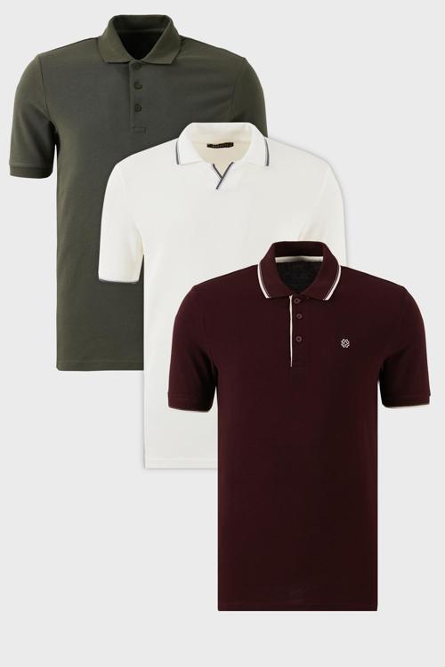 Pamuklu Regular Fit 3'lü Paket Erkek Polo Yaka T Shirt 59029641827S3 Beyaz-Vişne-Beyaz-Haki