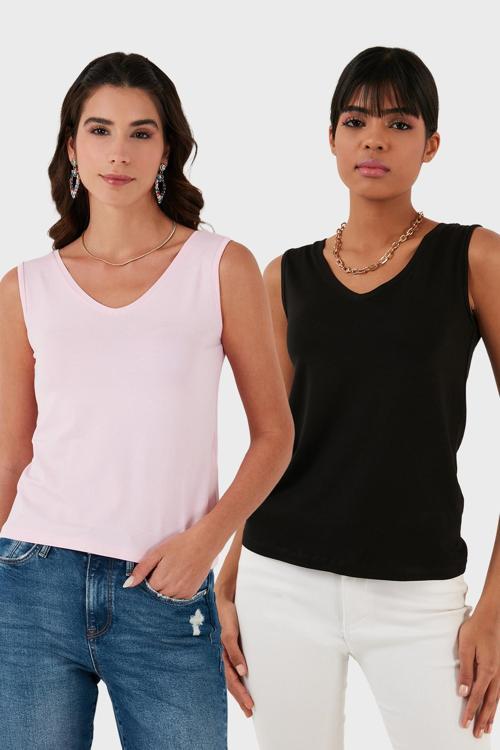 Slim Fit V Yaka Kalın Askılı 2' li Paket Bayan Bluz 5864384S2 SİYAH-TOZ PEMBE