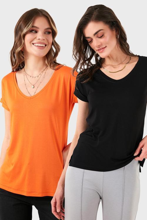 V Yaka Relaxed Fit Yırtmaç Detaylı 2'li Paket Bayan Bluz 5862000S2 SİYAH-ORANJ