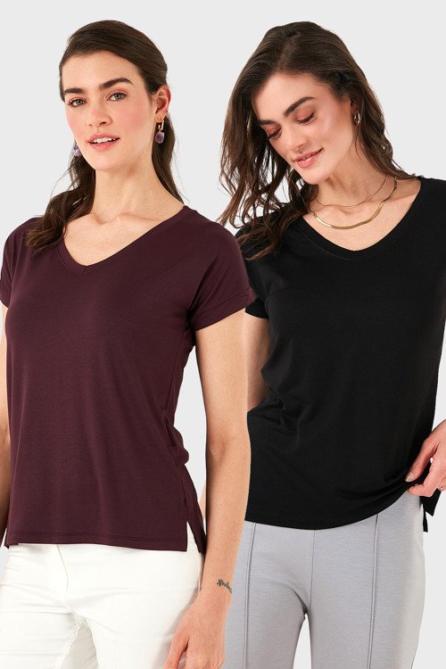 V Yaka Relaxed Fit Yırtmaç Detaylı 2'li Paket Bayan Bluz 5862000S2 SİYAH-VİŞNE