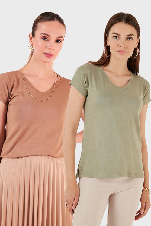 V Yaka Relaxed Fit Yırtmaç Detaylı 2'li Paket Bayan Bluz 5862000S2 Olive-BİSKÜVİ