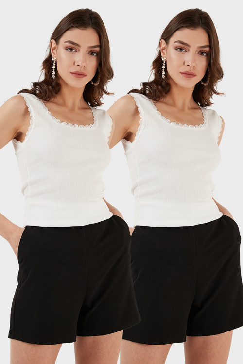 Slim Fit Kalın Dantelli Kare Yaka Bürümcük 2'li Paket Bayan Atlet 5864979S2 EKRU-EKRU