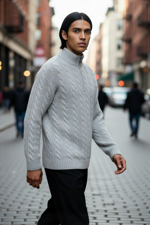 Unisex Regular Fit Fermuarlı Yarım Balıkçı Yaka Kalın Saç Örgü Triko Kazak Kışlık Kombinlerinize