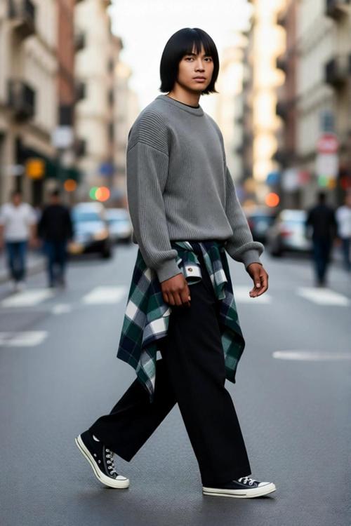 Erkek Gri Oversize Bisiklet Yaka Düz Düşük Kol Akrilik Triko Kazak Casual Tarzlara Özel Rahatlık