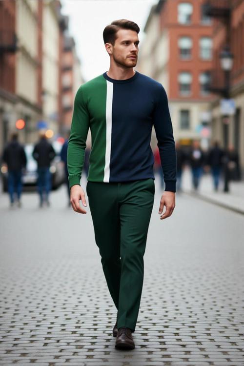 Erkekler İçin Fitted Kalıp Bisiklet Yaka Renk Bloklu Uzun Kollu Basic Dokulu Triko Kazak Kaliteli