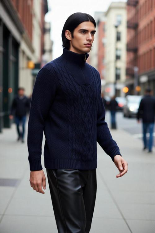 Erkek Regular Kesim Dik Yaka Uzun Kollu Fermuar Detaylı Saç Örgü Triko Kışlık Kazak Kaliteli