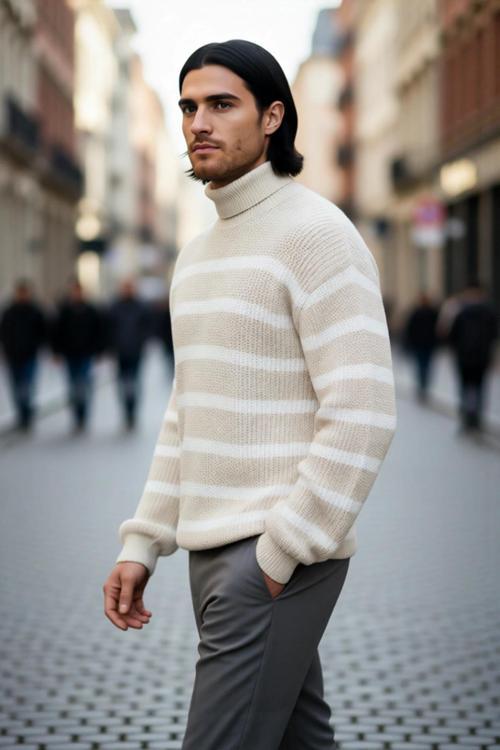 Unisex Oversize Kalın Balıkçı Yaka Çizgili Triko Kazak Kış Günleri İçin Konforlu Şıklık Sunar
