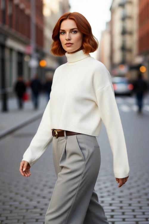 Kadın Oversize Balıkçı Yaka Düşük Kol Süper Crop Triko Kazak Kış Ve Sonbahar İçin İdeal Günlük